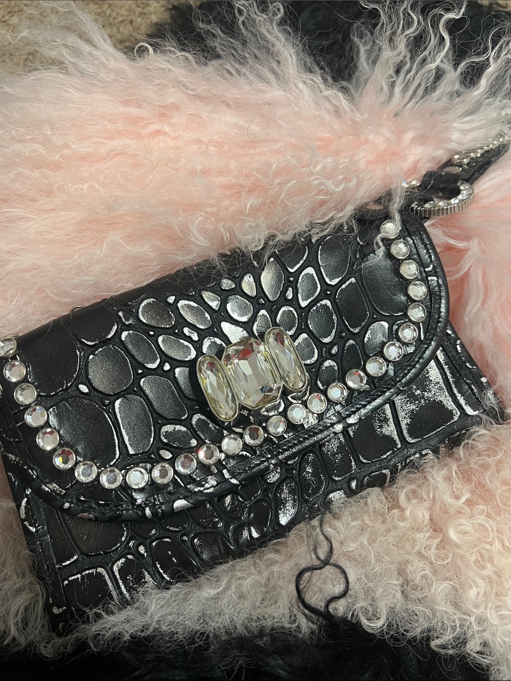 Raviani Black Embossed Croc Crystal-Embellished Women’s clutch